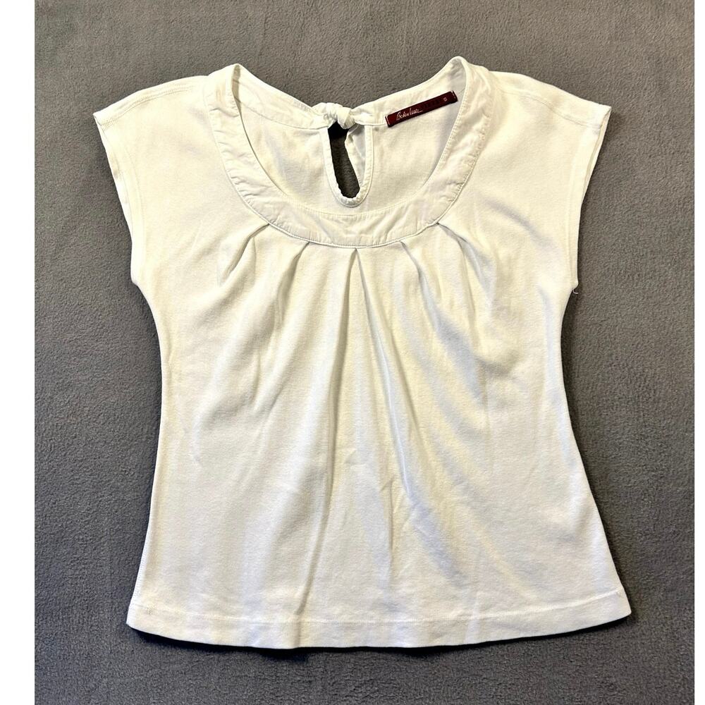 Barbara Lesser Small S Cream Ivory Pleated Neck Keyhole Back Cap Sleeve Top Knit